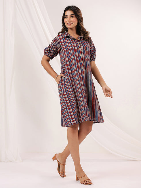 Janasya Women's Multicolor Pure Cotton Striped A-line Dress